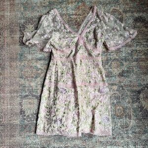 Needle & thread pink floral lace embroidered mini dress, size 8
